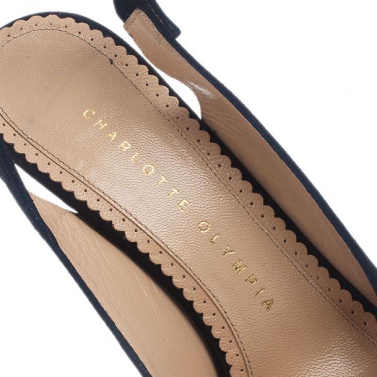 Pre Owned Charlotte Olympia Black Suede Dolly Platform Slingback Sandals Size 36.5