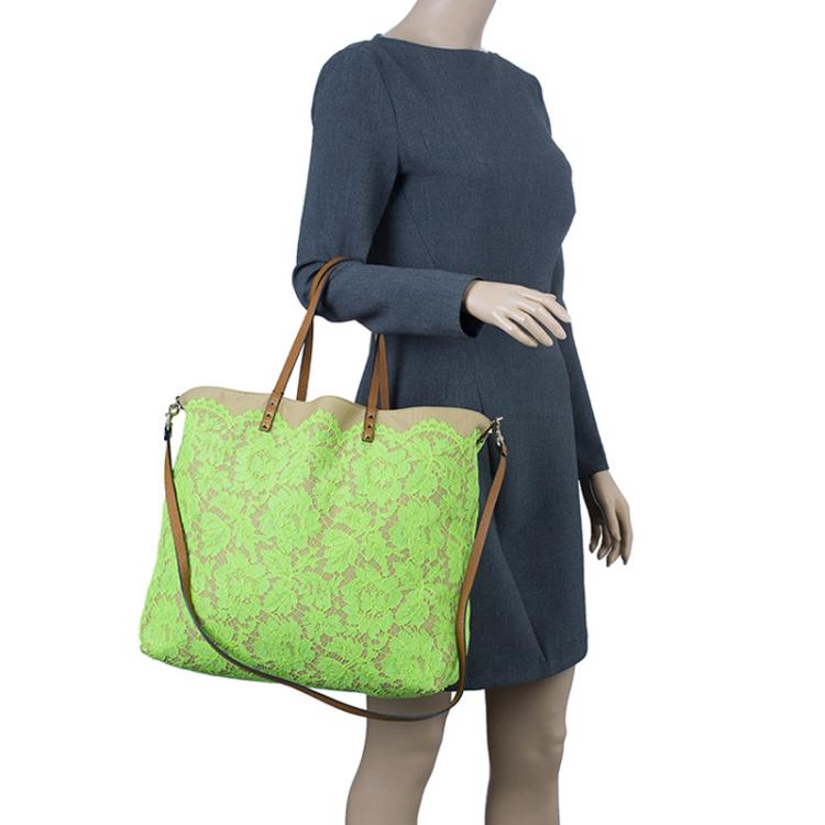 Pre Owned Valentino Lime Green Glamorous Lace Tote Bag