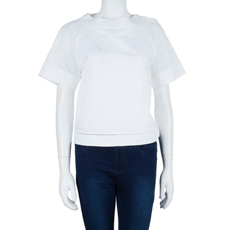Pre Owned Salvatore Ferragamo White Eyelet Cotton Top M