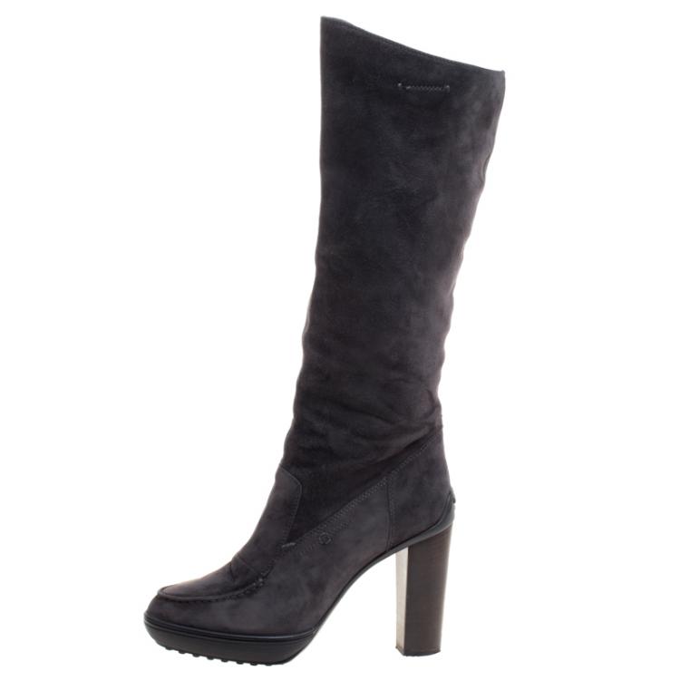 Pre Owned Tod's Grey Suede Knee High Riding Boots Size 37.5