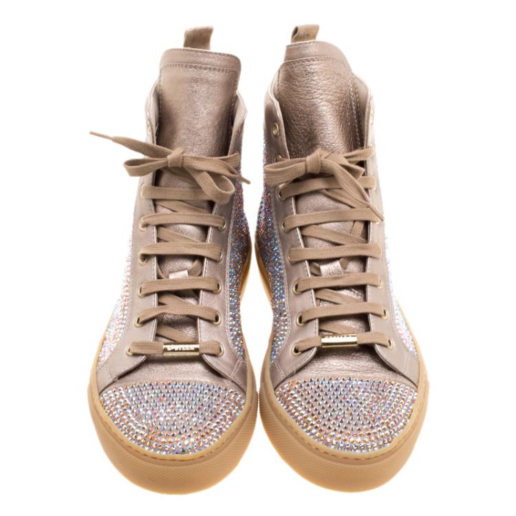 Pre Owned Le Silla Metallic Beige Crystal Embellished Leather High Top Sneakers Size 37