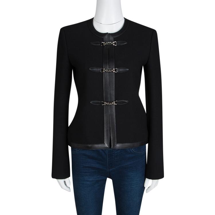 Pre Owned Gucci Black Leather Trim Piston Clasp Detail Jacket S