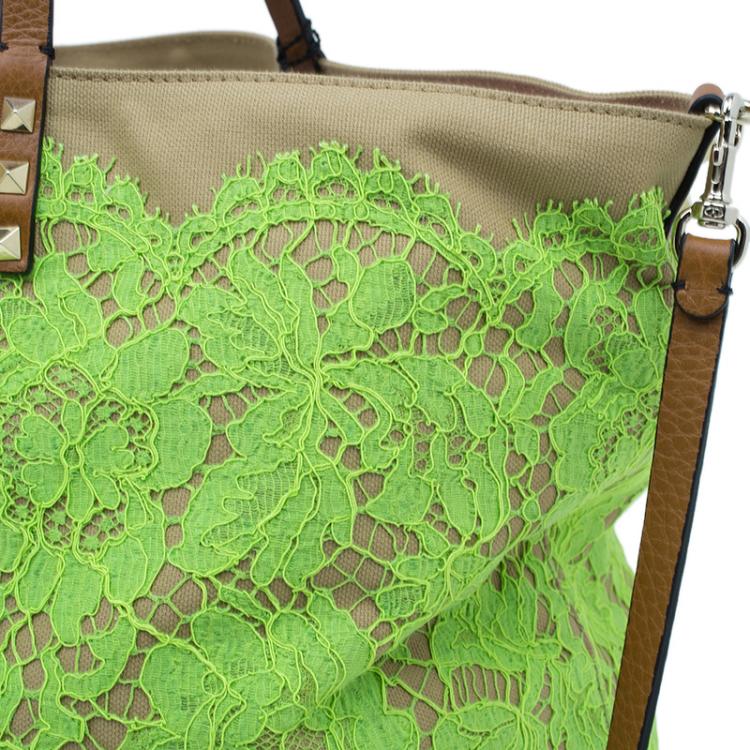 Pre Owned Valentino Lime Green Glamorous Lace Tote Bag