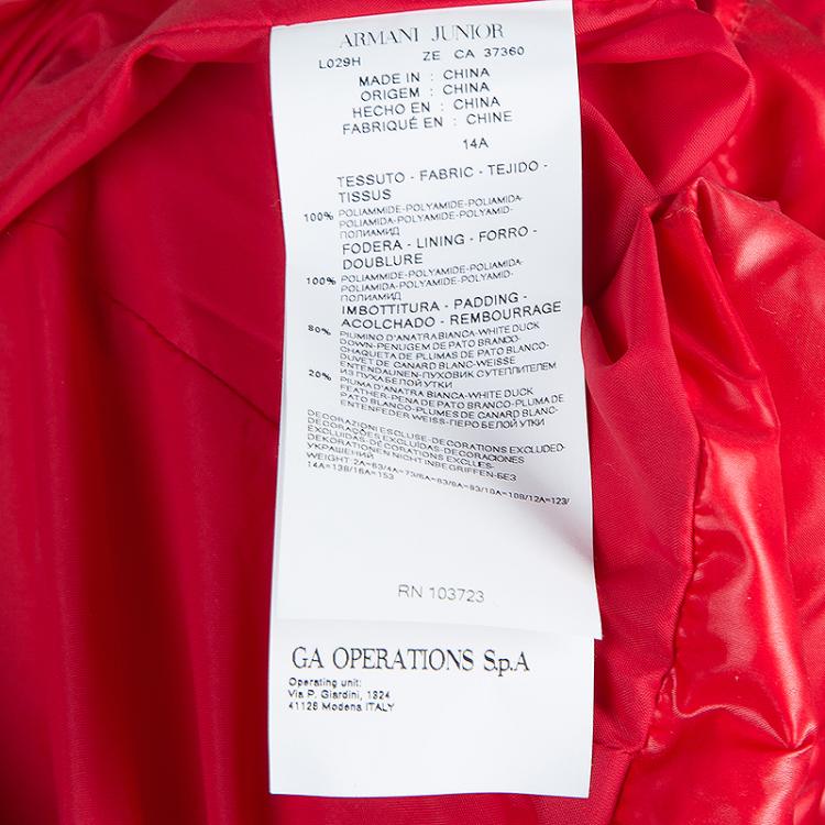 Pre Owned Armani Junior Red Quilted Down Jacket 14 yrs 