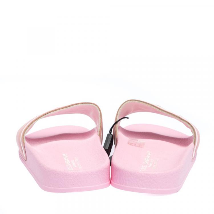 Pre Owned Dolce & Gabbana Pink Leather/Rubber I LOVE D&G Flat Slides Size IT 34 (Kids)