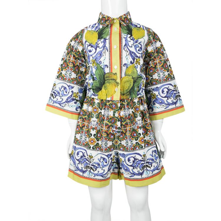Pre Owned Dolce and Gabbana Multicolor Majolica and Lemon Print Cotton Playsuit 6 Yrs