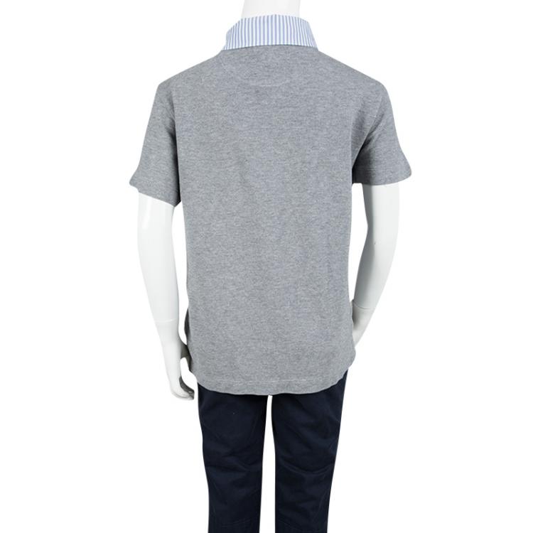 Pre Owned Fendi Kids Grey Logo Applique Striped Collar Detail Polo T-Shirt 12 Yrs