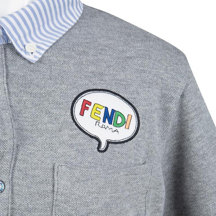 Pre Owned Fendi Kids Grey Logo Applique Striped Collar Detail Polo T-Shirt 12 Yrs
