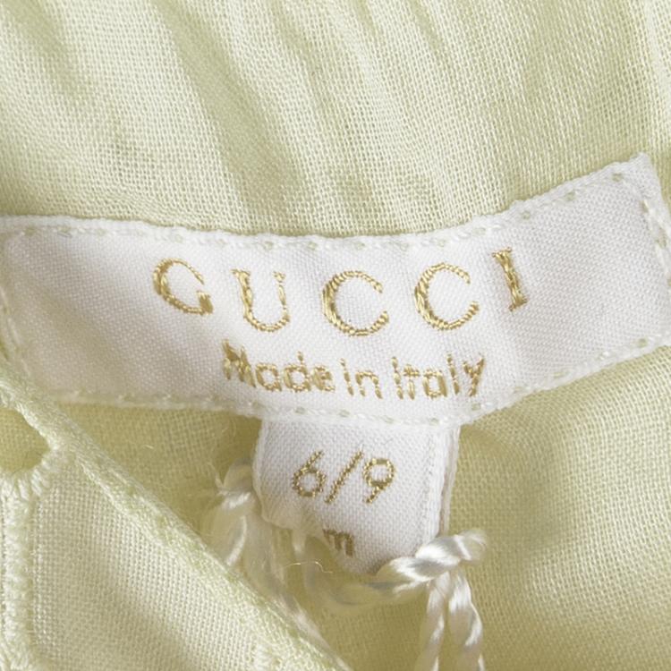 مملوكة مسبقًا Gucci Kids Yellow Cutout Lace Trim Detail Cotton Sangallo Dress 6-9 M