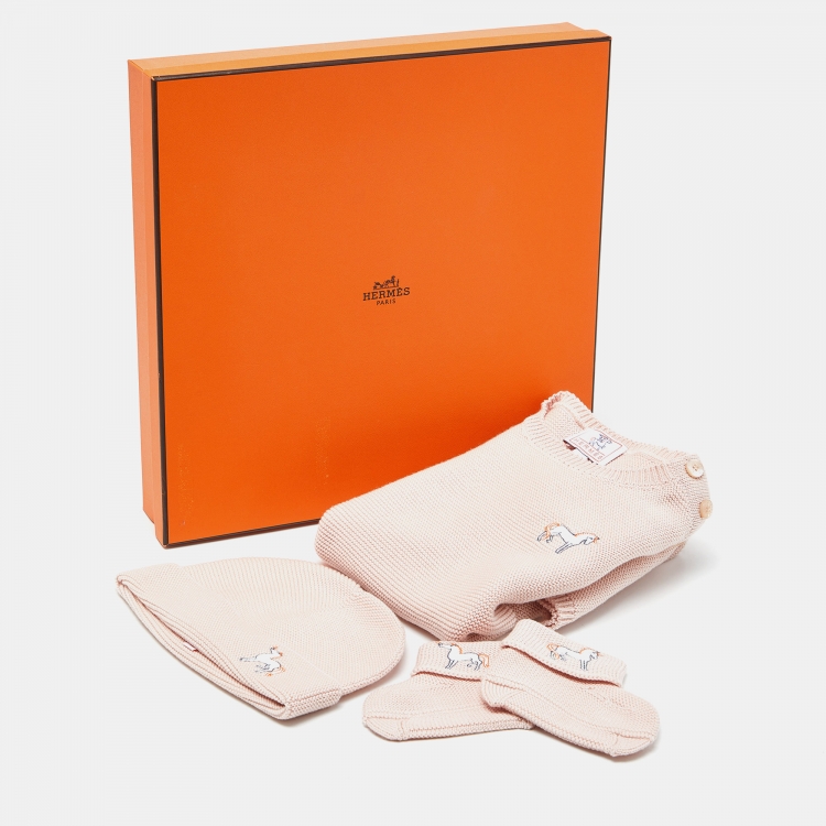 Pre Owned Hermes Pink Cotton Knit Cabriole Baby Gift Set 6M