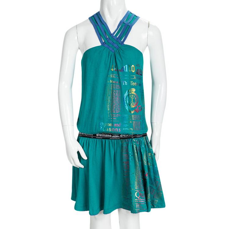Pre Owned John Galliano Kids Aqua Blue Printed Cotton Halter Dress 10 Yrs