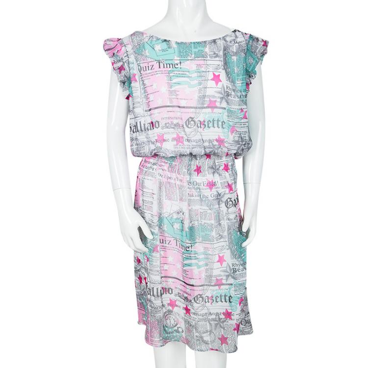 Pre Owned John Galliano Kids Multicolor Gazette Print Gathered Waist Dress 14Yrs