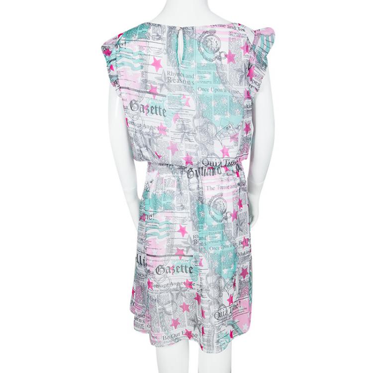 Pre Owned John Galliano Kids Multicolor Gazette Print Gathered Waist Dress 14Yrs