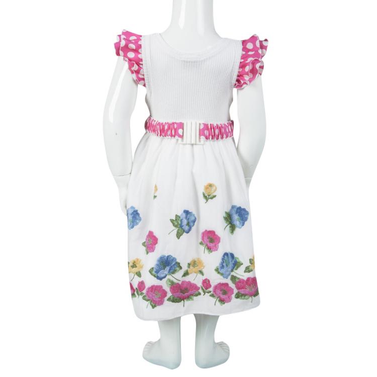 Pre Owned Monnalisa White Cotton Ruffle Detail Belted Floral Embroidered Dress 6 Yrs