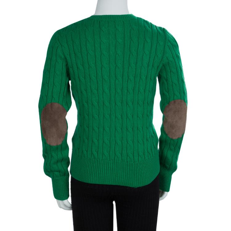 Pre Owned Ralph Lauren Green Cable Knit Suede Elbow Patch Detail Sweater 8/10 Yrs
