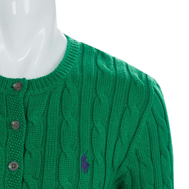 Pre Owned Ralph Lauren Green Cable Knit Suede Elbow Patch Detail Sweater 8/10 Yrs