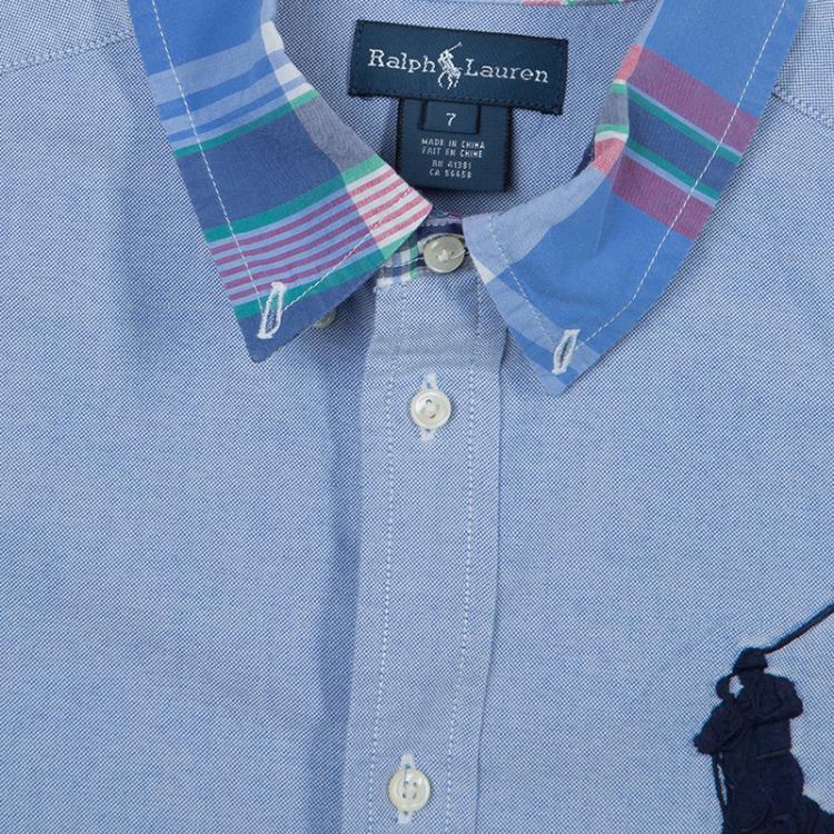 Pre Owned Ralph Lauren Blue Checked Collar Detail Long Sleeve Buttondown Shirt 7 Yrs