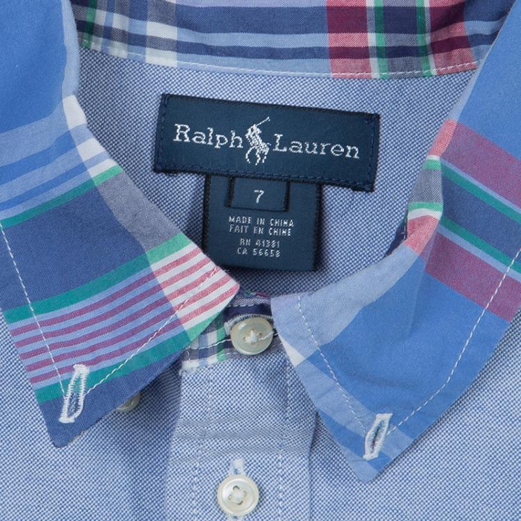 Pre Owned Ralph Lauren Blue Checked Collar Detail Long Sleeve Buttondown Shirt 7 Yrs