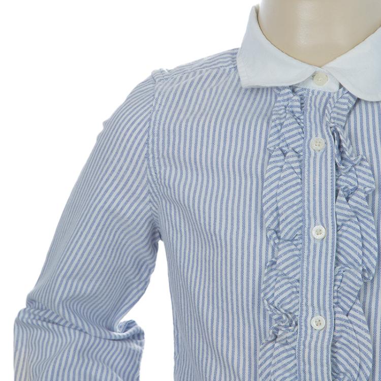 Pre Owned Ralph Lauren White and Blue Striped Cotton Ruffle Detail Long Sleeve Shirt 6 Yrs