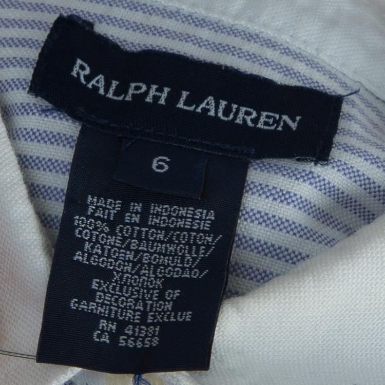 Pre Owned Ralph Lauren White and Blue Striped Cotton Ruffle Detail Long Sleeve Shirt 6 Yrs