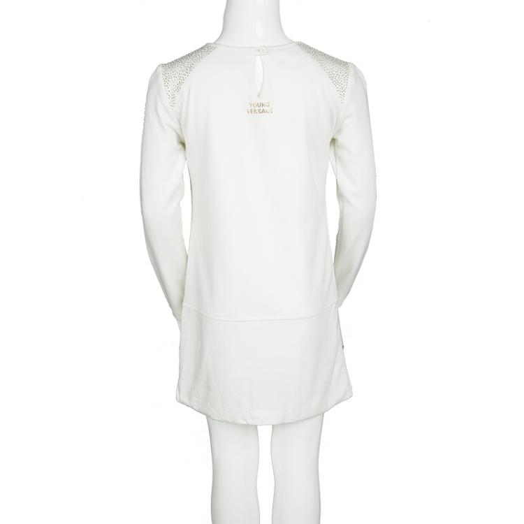 Pre Owned Young Versace White Knit Gold Studded Zip Detail Long Sleeve Dress XXS / 8 Yrs