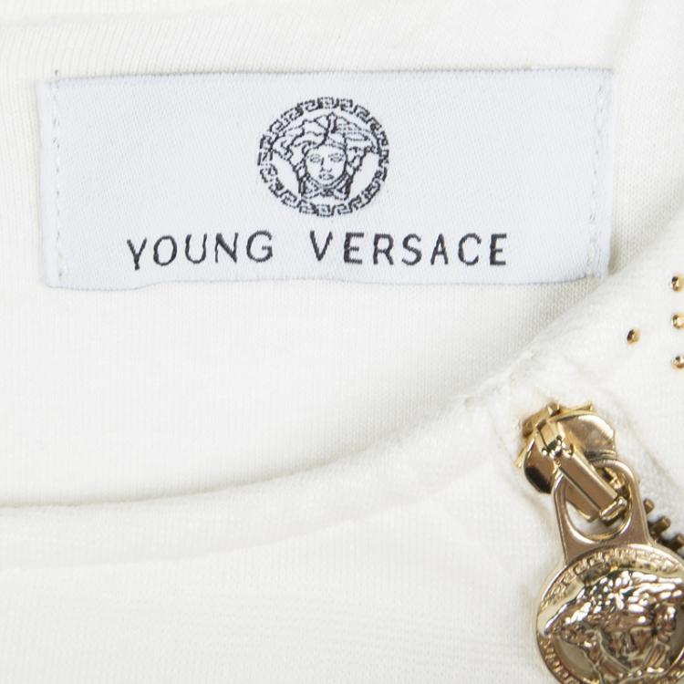 Pre Owned Young Versace White Knit Gold Studded Zip Detail Long Sleeve Dress XXS / 8 Yrs