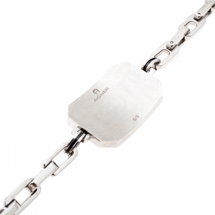 Pre Owned Aigner Black Enamel Crystal Studded Silver Tone Bracelet