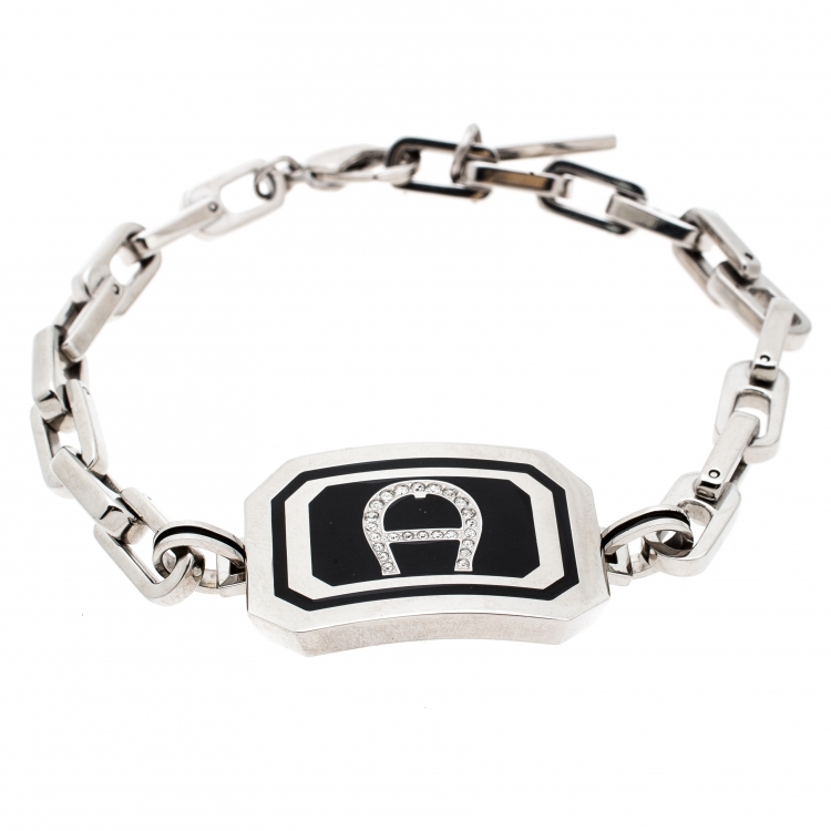 Pre Owned Aigner Black Enamel Crystal Studded Silver Tone Bracelet