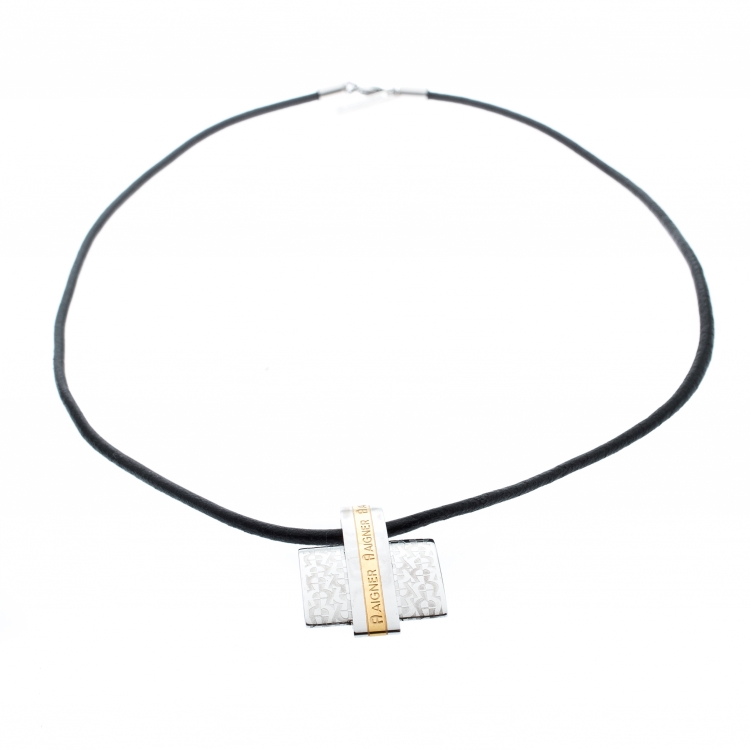 Pre Owned Aigner Two Tone Metal Logo Engraved Pendant Cord Necklace