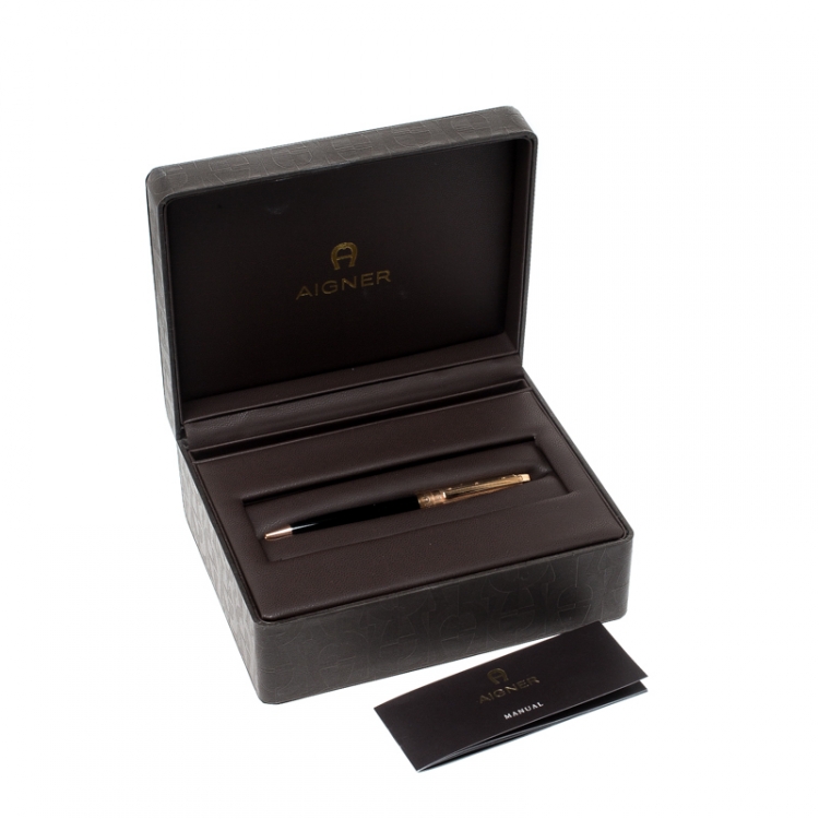 Pre Owned Aigner Black Resin Textured Rose Gold Tone Ballpoint Pen 