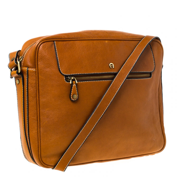 Pre Owned Aigner Tan Leather Messenger Bag 