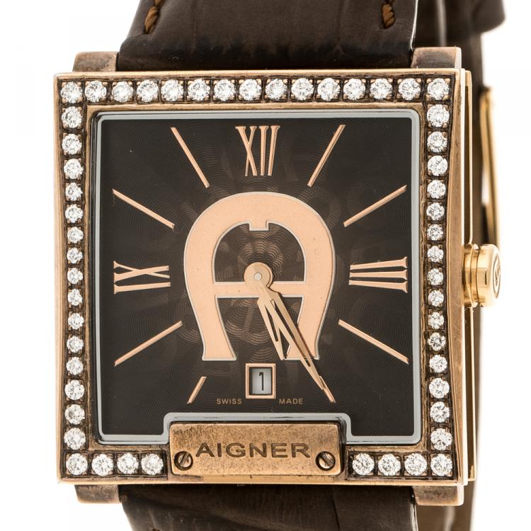 Pre Owned Aigner Brown Stainless Steel Aftermarket Diamonds Torino A27000 Men's Wristwatch 36.5MM