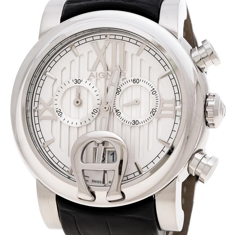 Pre Owned Aigner Silver White Stainless Steel Bari A37500 Men's Wristwatch 44 mm