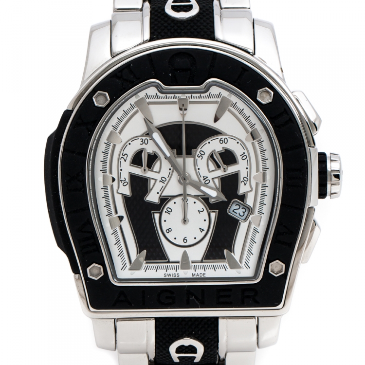 Pre Owned Aigner Silver Stainless Steel Rubber Roma Chrono A38500 Men's Wristwatch 46 mm