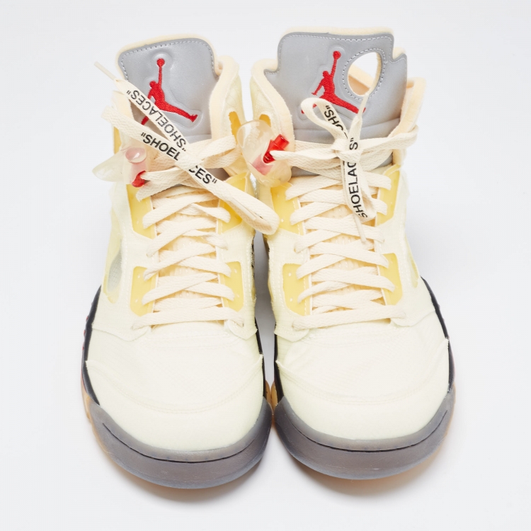Pre Owned Off White x Air Jordan Cream Mesh Air Jordan 5 Retro Sail High Top Sneakers Size 47