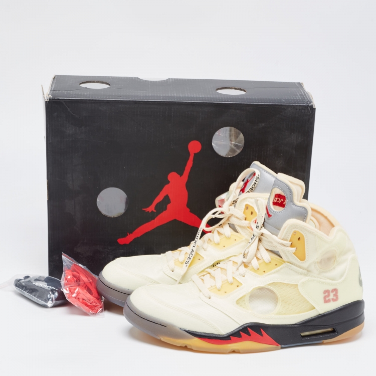 Pre Owned Off White x Air Jordan Cream Mesh Air Jordan 5 Retro Sail High Top Sneakers Size 47