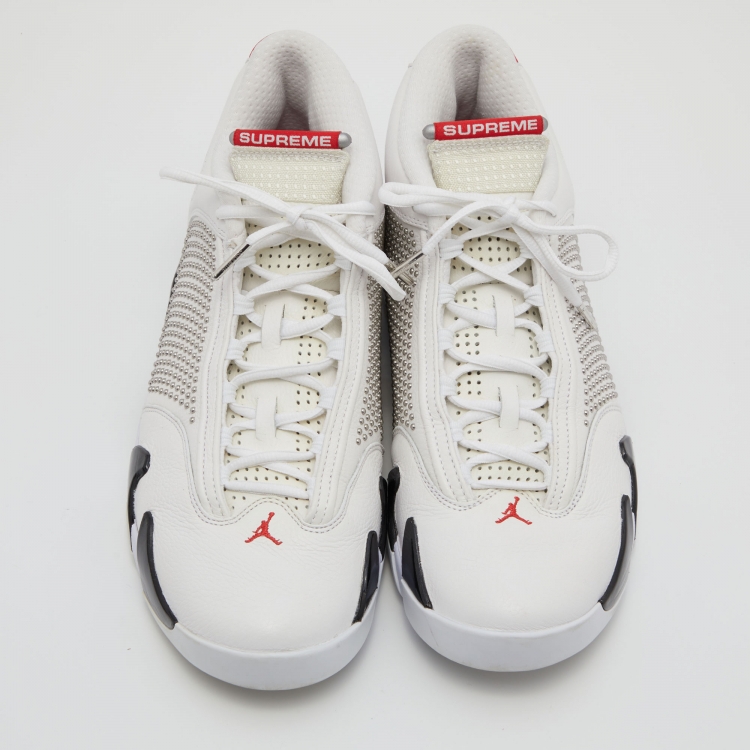 Pre Owned Air Jordans x Supreme White/Black Leather 14 Retro Sneakers Size 45