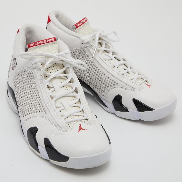 Pre Owned Air Jordans x Supreme White/Black Leather 14 Retro Sneakers Size 45