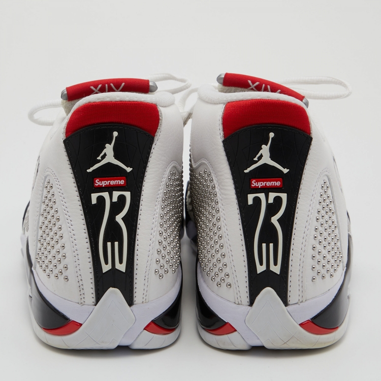 Pre Owned Air Jordans x Supreme White/Black Leather 14 Retro Sneakers Size 45