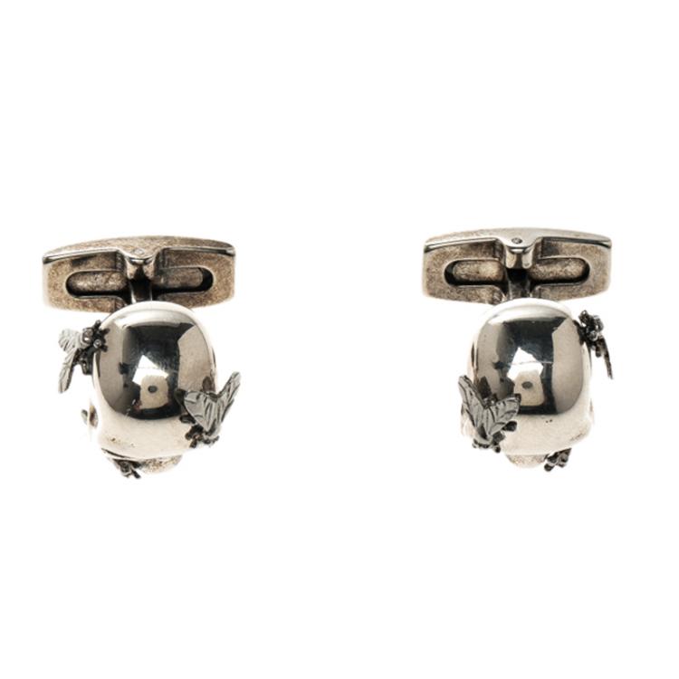 Pre Owned Alexander McQueen Fly & Skull Silver Tone Cufflinks