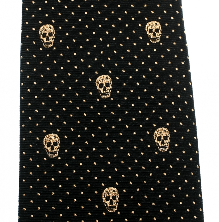Pre Owned Alexander McQueen Black Metallic Dot and Skull Pattern Silk Jacquard Tie