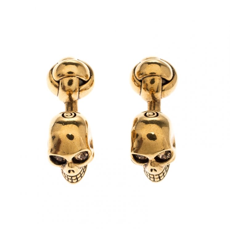 Pre Owned Alexander McQueen Skull Crystal Gold Tone Cufflinks