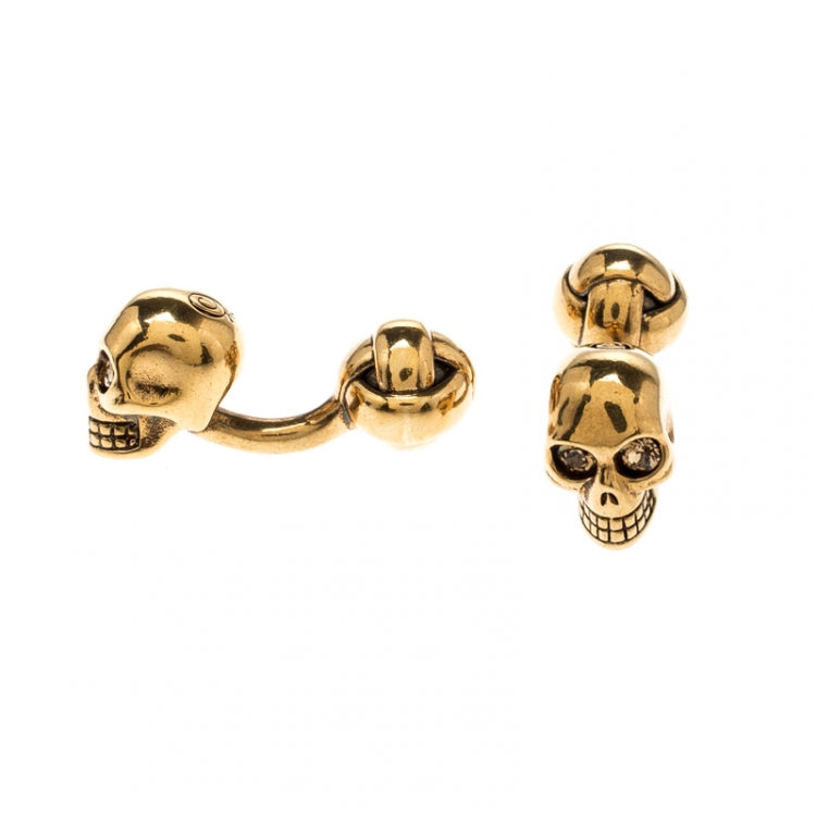 Pre Owned Alexander McQueen Skull Crystal Gold Tone Cufflinks