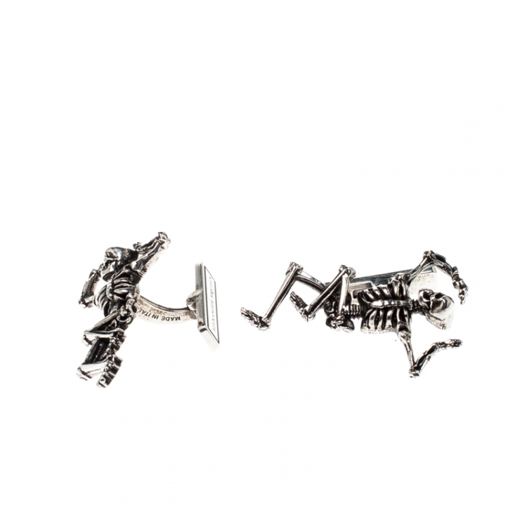 Pre Owned Alexander McQueen Dancing Skeleton Silver Tone Cufflinks