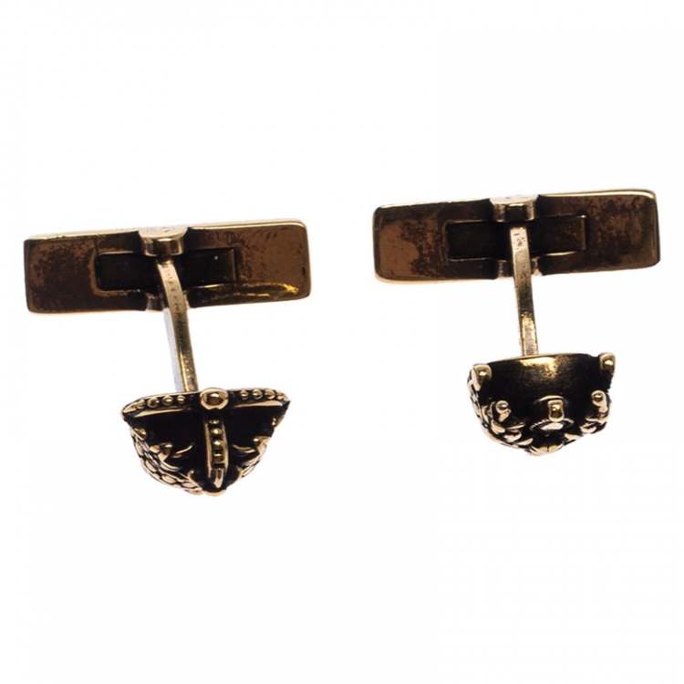 Pre Owned Alexander McQueen Antique Gold Tone King and Queen Skull Cufflinks 