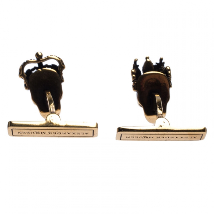 Pre Owned Alexander McQueen Antique Gold Tone King and Queen Skull Cufflinks 