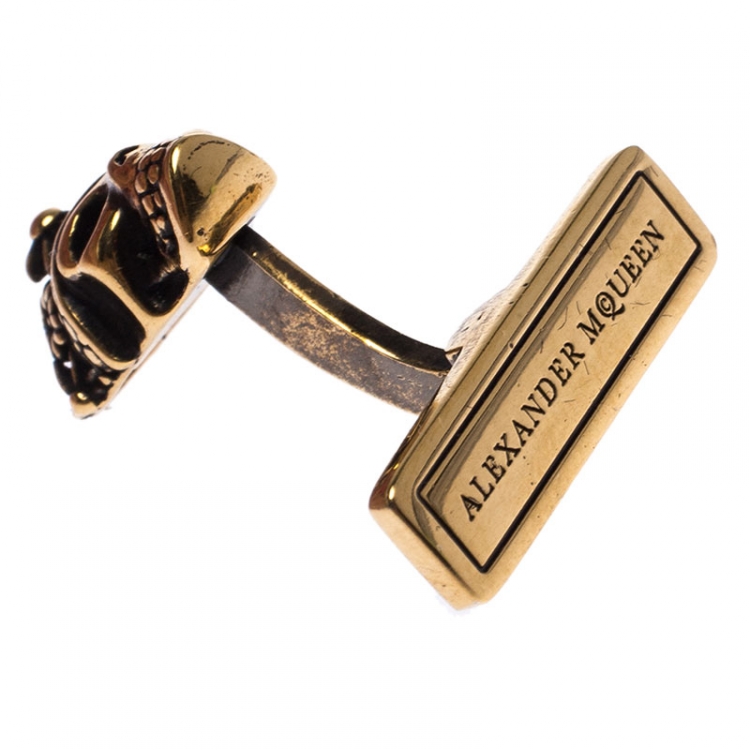 Pre Owned Alexander McQueen Antique Gold Tone King and Queen Skull Cufflinks 