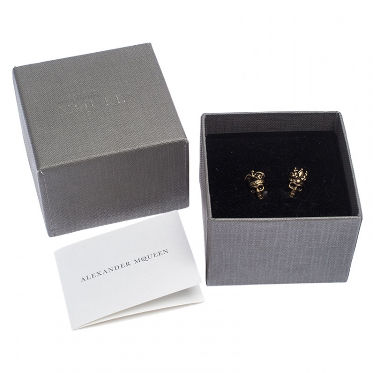 Pre Owned Alexander McQueen Antique Gold Tone King and Queen Skull Cufflinks 