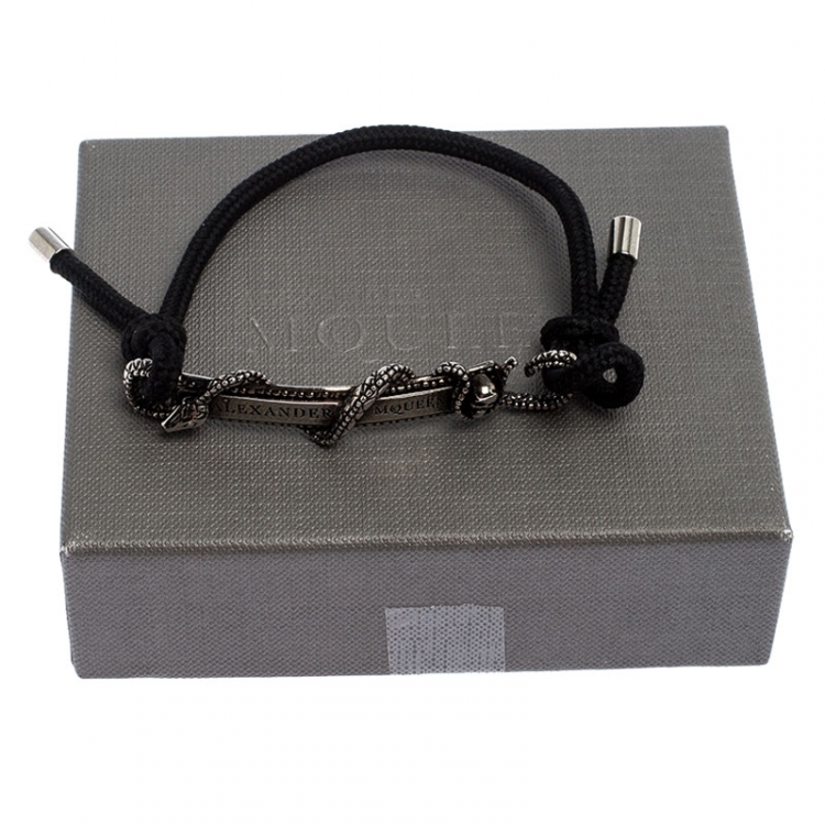 Pre Owned Alexander McQueen Silver Tone Logo Skull Snake Bar Bracelet