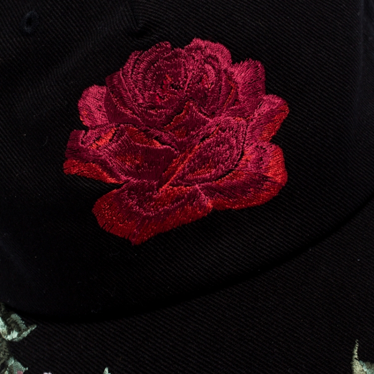 Pre Owned Alexander McQueen Black Stretch Cotton Rose Embroidered Baseball Cap M